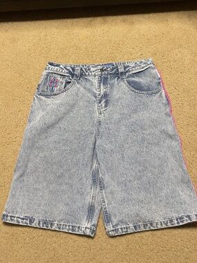 AMD Light Acid Wash Denim Bermuda Shorts with Pink Side Trim